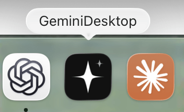 Dock 图标标注 GeminiDesktop,实际图标是黑底白色四角星
